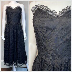 Vintage 1980s Black Lace Strapless Dress, Superstition Small Sweetheart Neckline